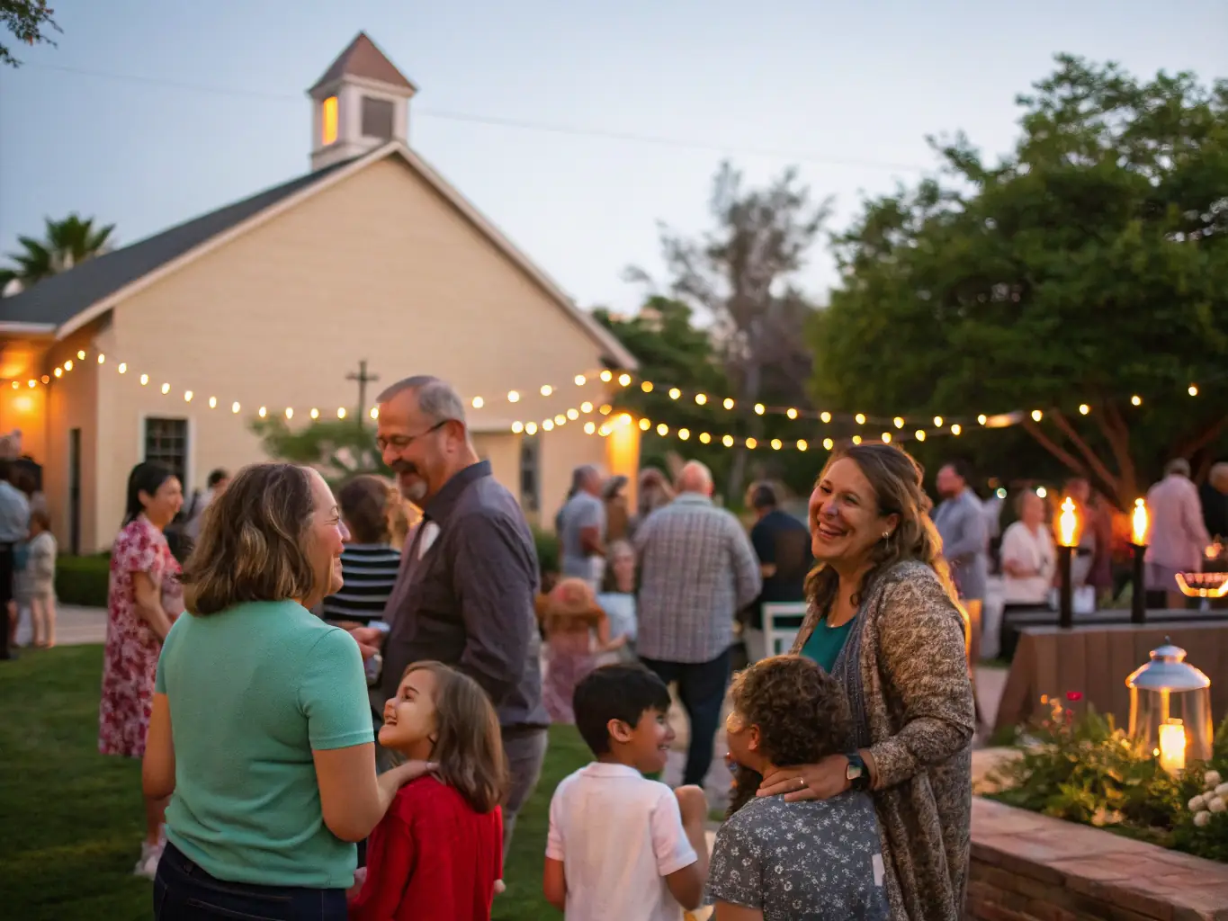 A photograph of a community event held in front of the Luxé church, featuring local residents enjoying music, food, and historical displays. The image should capture the vibrant community spirit and the role of the church as a central gathering place.
