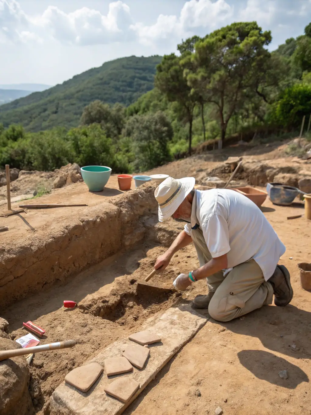 A photograph of an archaeologist carefully excavating a historical site in Luxé, uncovering artifacts and documenting the findings.