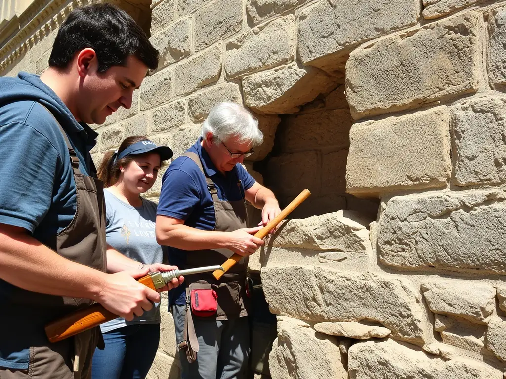 A photograph showcasing volunteers working on the exterior of the Luxé church, carefully cleaning and repairing the stonework. The image should convey a sense of community and dedication to preserving the historical structure.