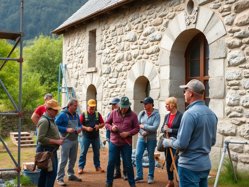 A photograph showcasing volunteers working on the restoration of a historic building in Luxé, emphasizing community involvement and the tangible impact of donations.