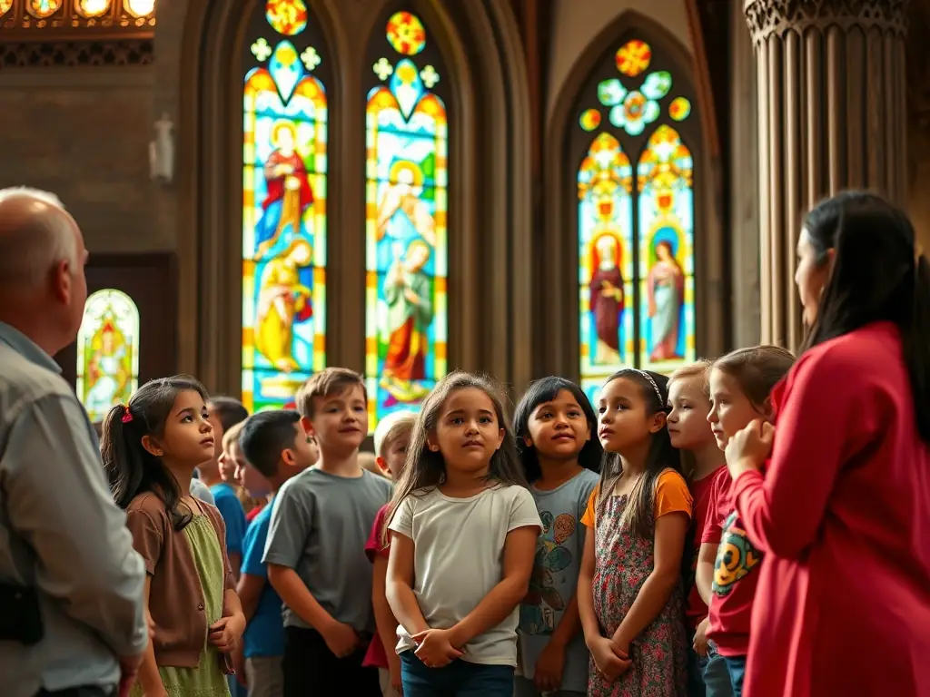 A photograph of a group of local school children participating in a heritage education program inside the Luxé church, learning about its history and significance. The image should be bright and engaging, highlighting the educational aspect.