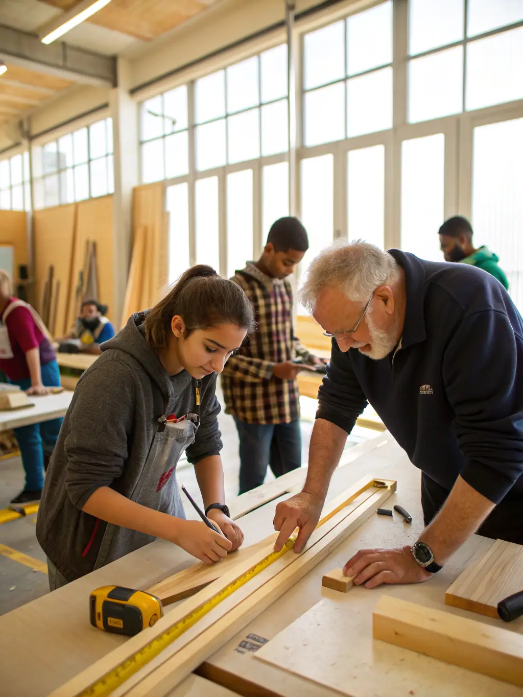 A photograph of a community workshop focused on traditional building techniques, with participants learning about lime mortar and stone masonry.