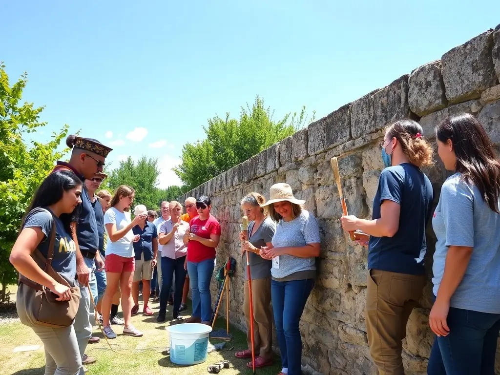 A group of volunteers working together to clean and maintain a historic site in Luxé, demonstrating community involvement and dedication to heritage preservation.