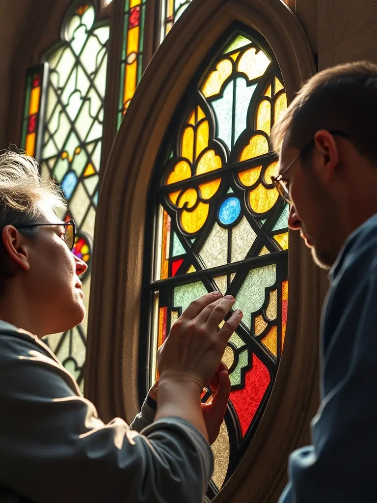 A photograph showing volunteers working on the interior of the Luxé church, cleaning and restoring the stained glass windows, with sunlight streaming through.